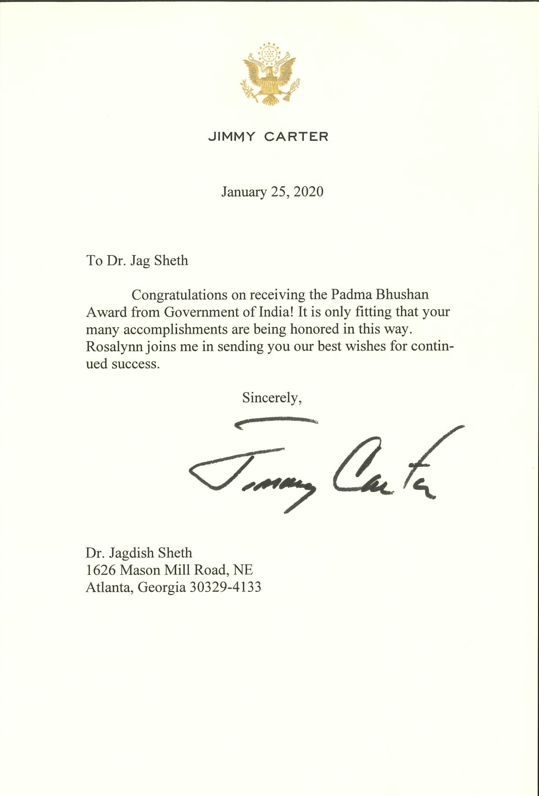 Letter from President Jimmy Carter